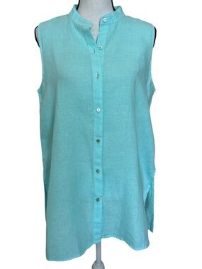 Eileen Fisher Aqua Blue Linen Sleeveless Button-up Tunic Top Womens Size Small